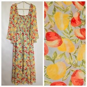 ELOQUII 'PEACHES' MAXI DRESS SMOCKED BODICE FLOWY LONG SLEEVES WOMEN NWT (14/16)